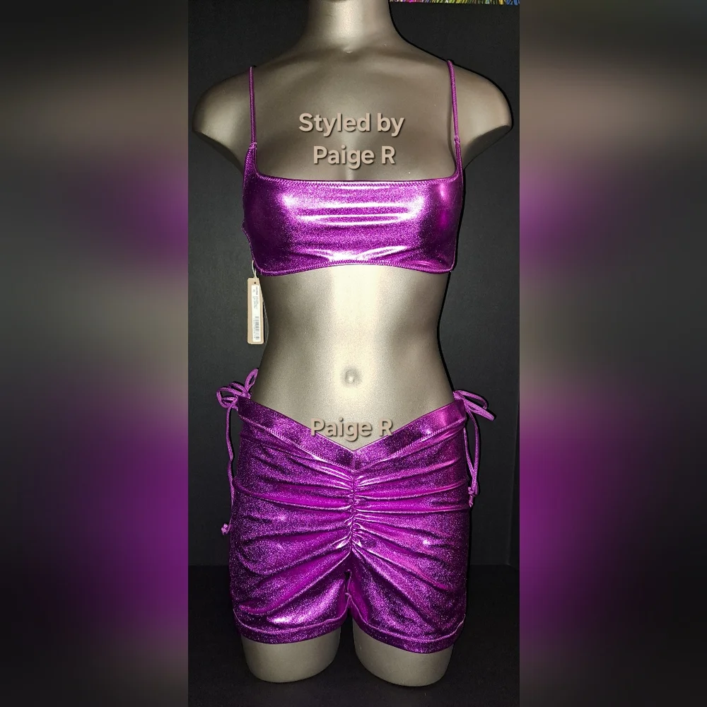 NWT SKIMS 3 Pc SET Metallic Swim Tie Bottoms Bikini Top Shorts DRAGONFRUIT L XL